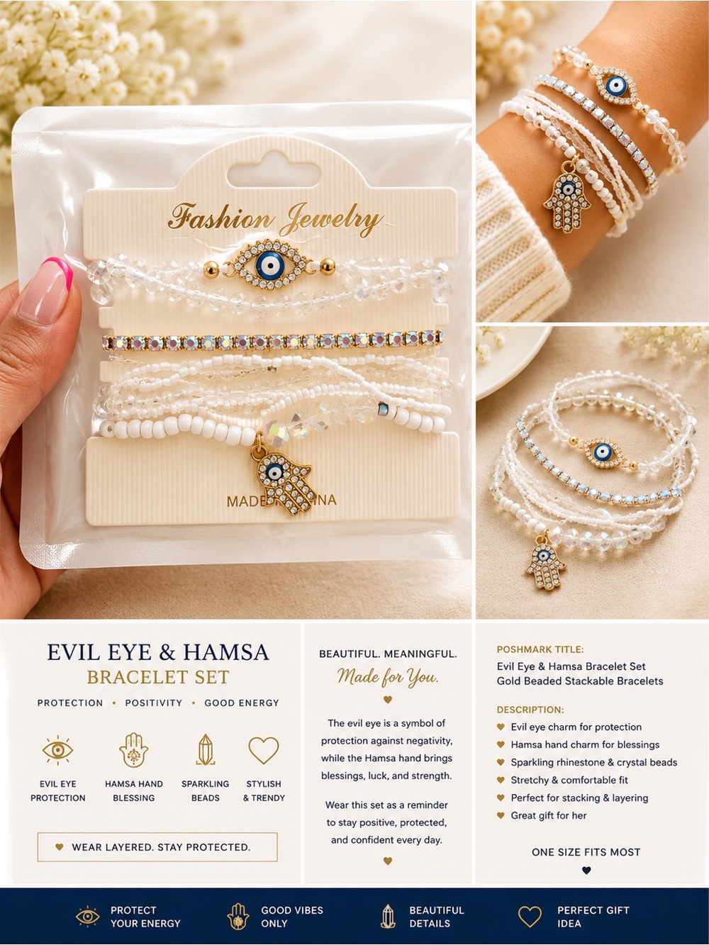 Fashion Jewelry White & Gold Evil Eye Hamsa Layered Bracelet Set